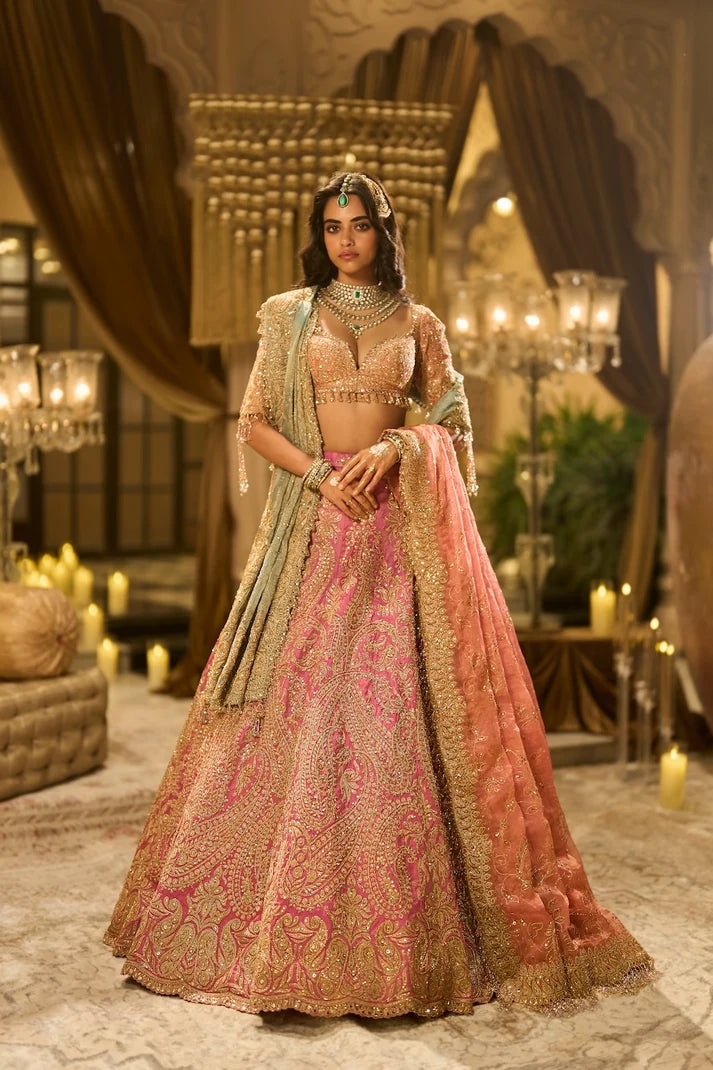 Seema Gujral - Pink Tissue Lehenga Set