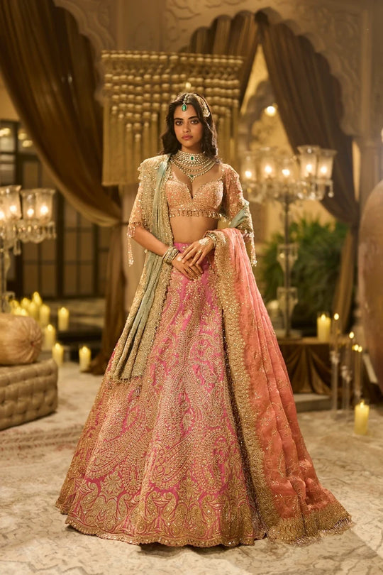 Seema Gujral - Pink Tissue Lehenga Set