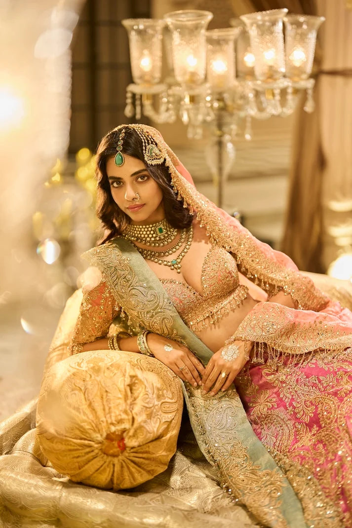 Seema Gujral - Pink Tissue Lehenga Set