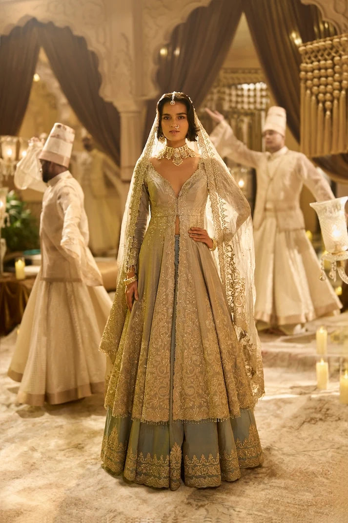 Seema Gujral - Ice Blue Tissue Jacket Lehenga Set