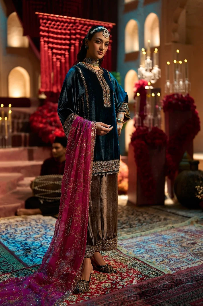 Seema Gujral - Teal Blue Velvet Pant Set
