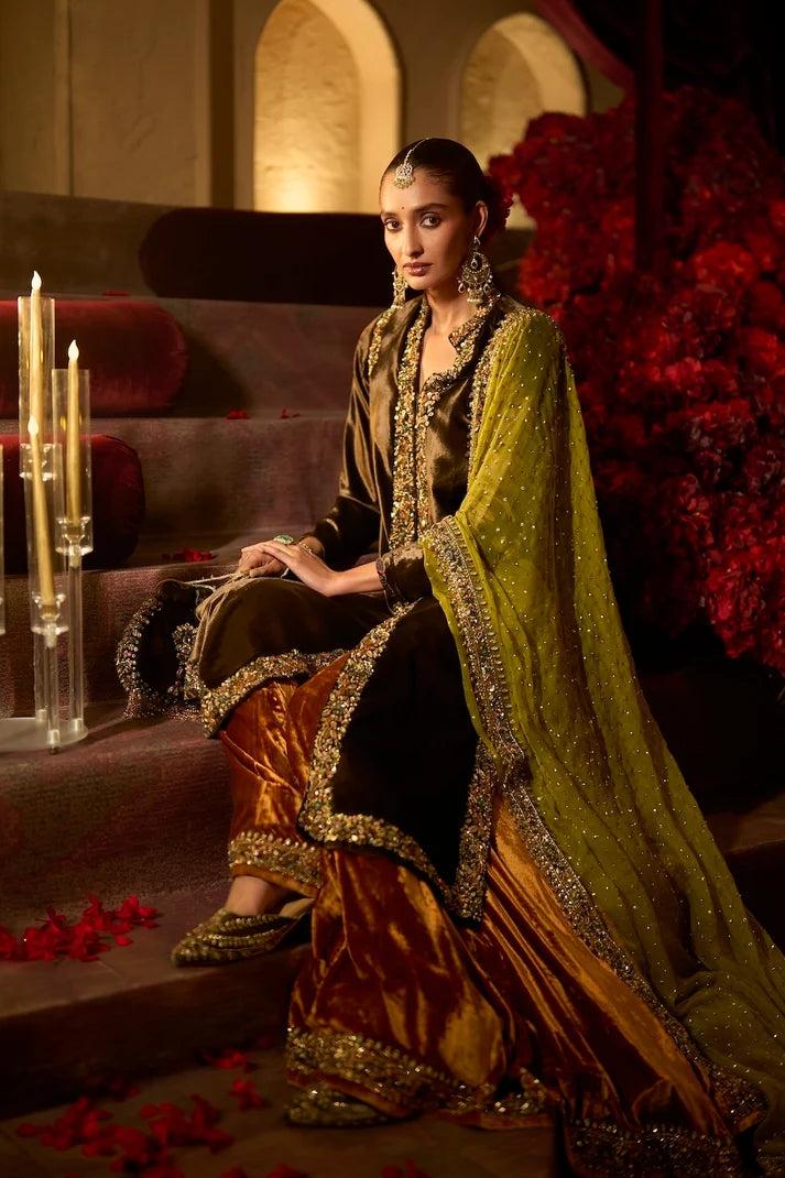 Seema Gujral - Chocolate brown Velvet Jacket Sharara Set
