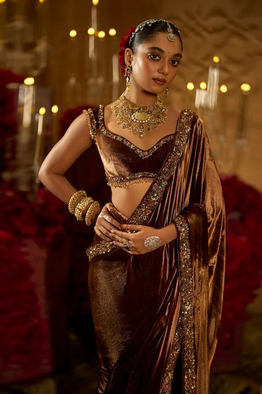 Seema Gujral - Coffee Brown Pre-Stitched Velvet Saree
