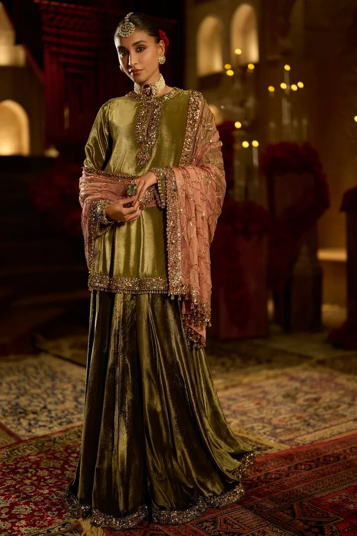 Seema Gujral - Sage Green Velvet Sharara Set