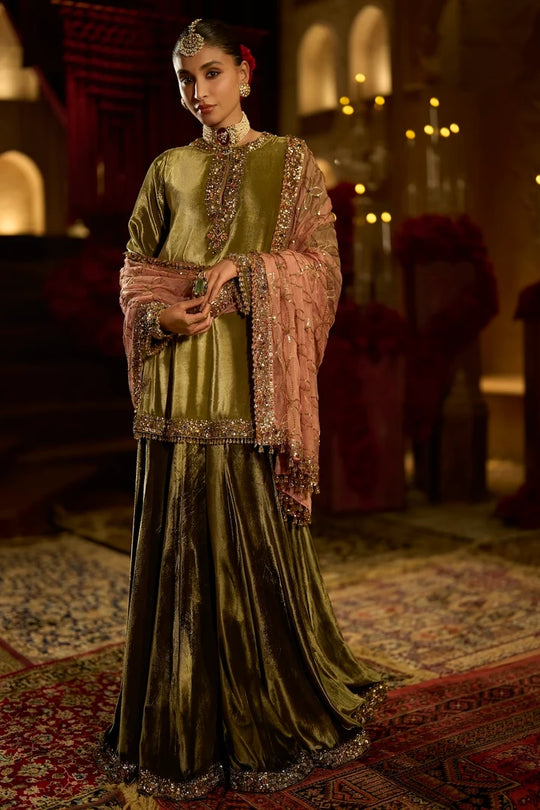 Seema Gujral - Sage Green Velvet Sharara Set
