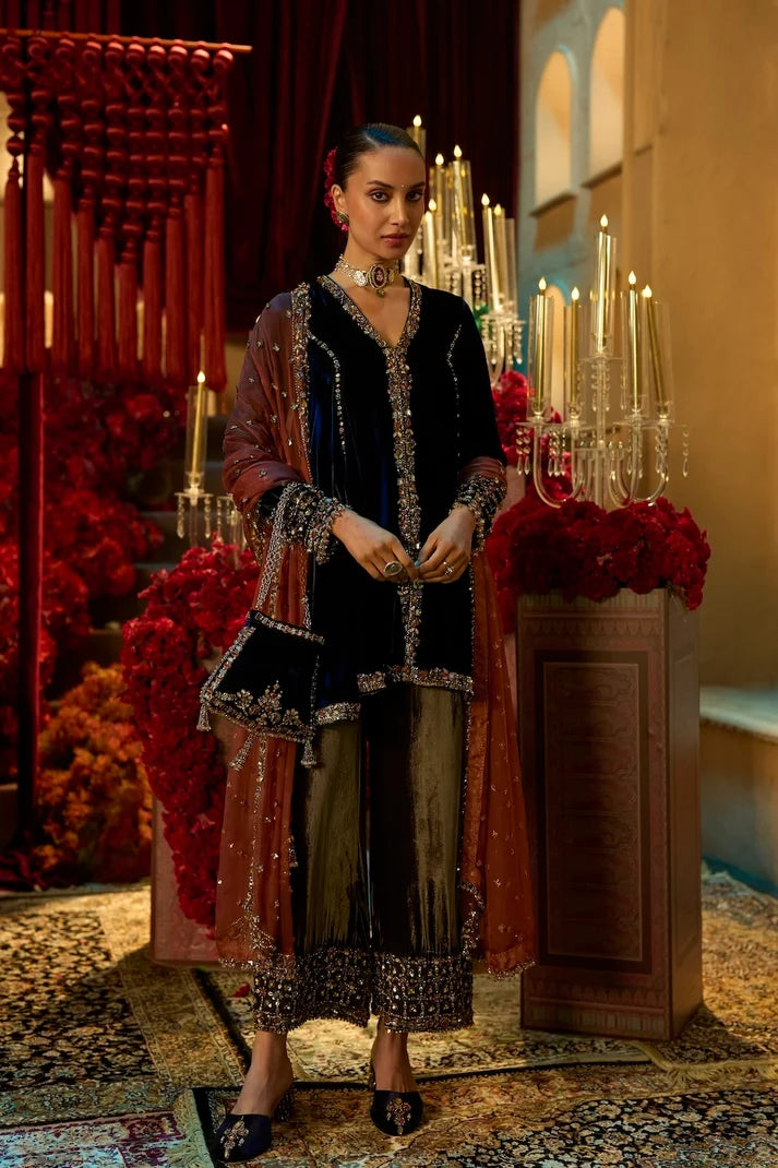 Seema Gujral - Navy Blue Velvet Pant Set