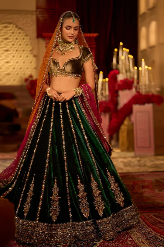 Seema Gujral - Emerald Green Velvet Lehenga Set
