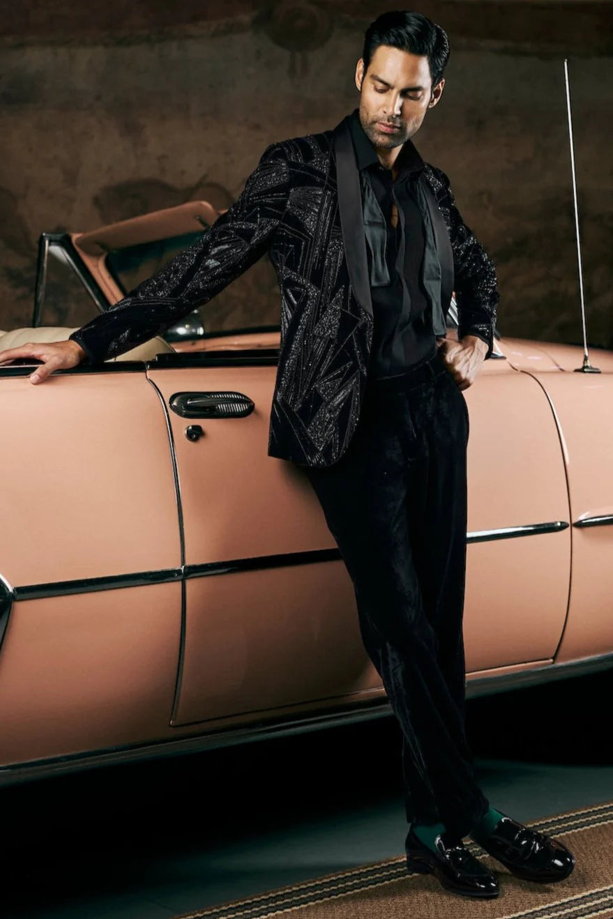 Seema Gujral - Black Velvet Tuxedo Set
