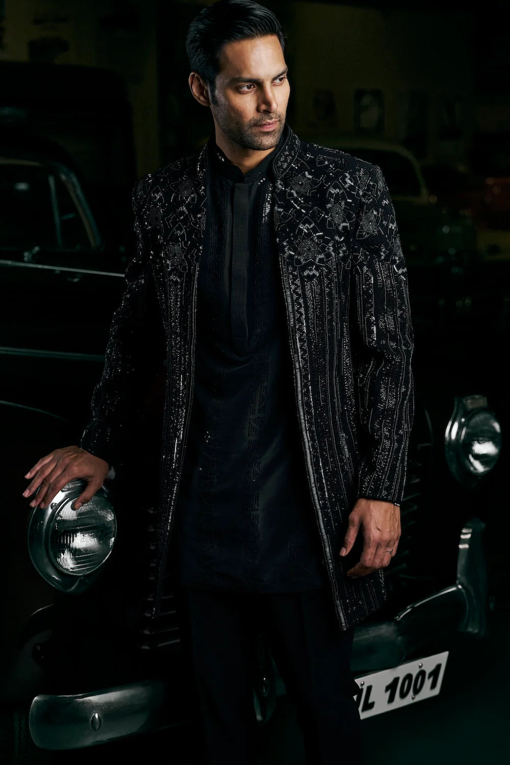 Seema Gujral - Black Abstract Open Sherwani Set