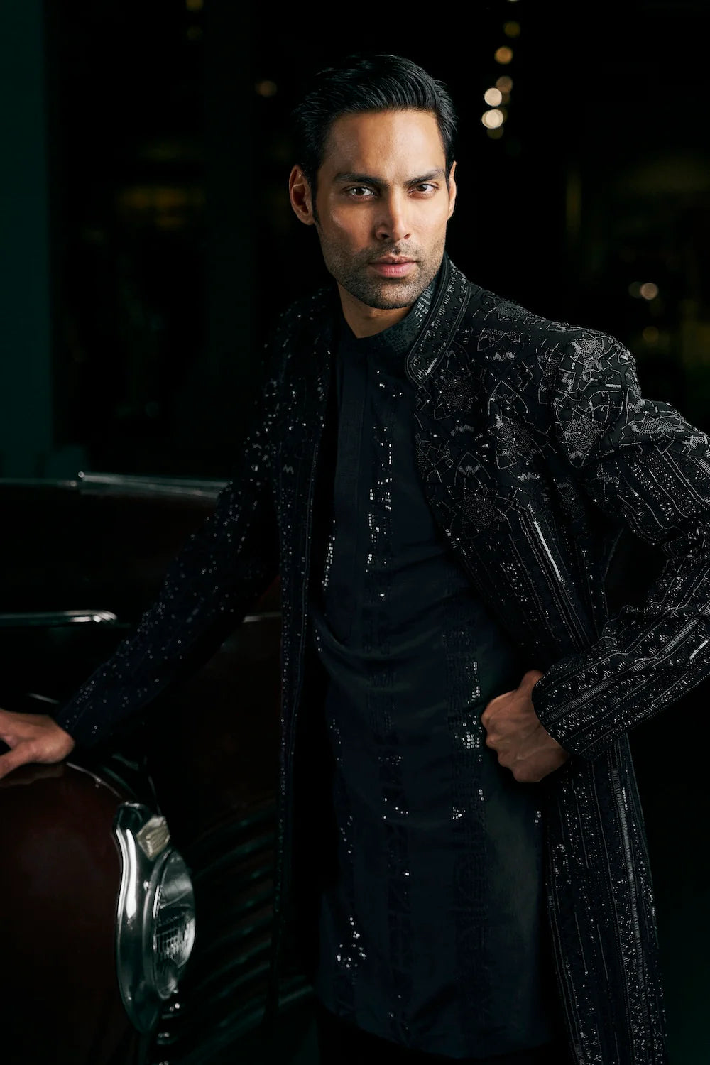 Seema Gujral - Black Abstract Open Sherwani Set