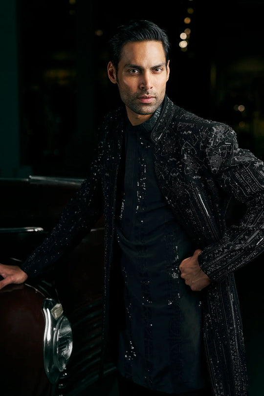 Seema Gujral - Black Abstract Open Sherwani Set