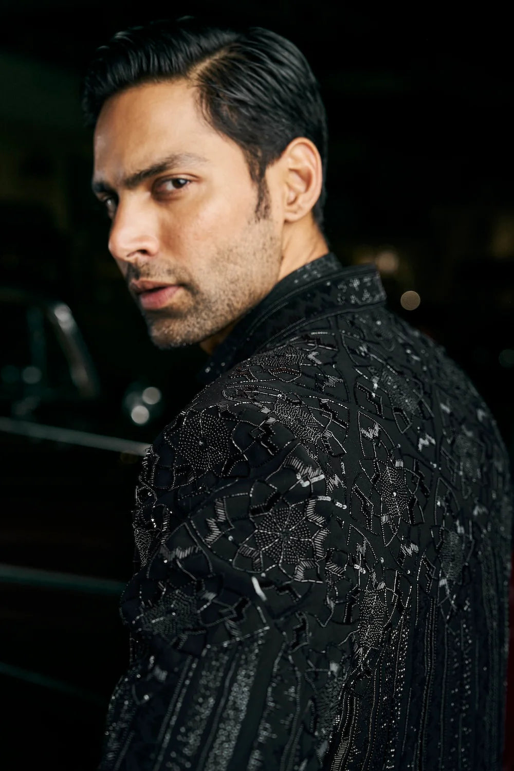 Seema Gujral - Black Abstract Open Sherwani Set