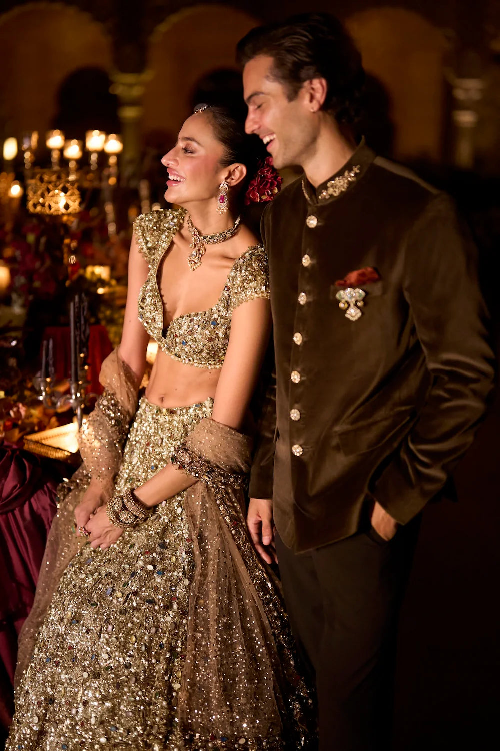 Seema Gujral - Olive Green Velvet Bandhgala Set