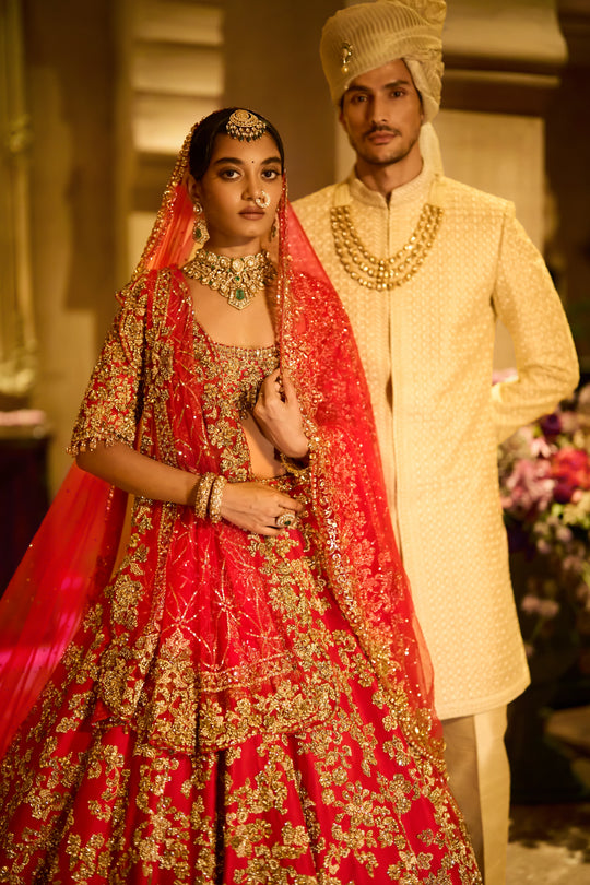 Seema Gujral - Ivory Nude Sherwani Set