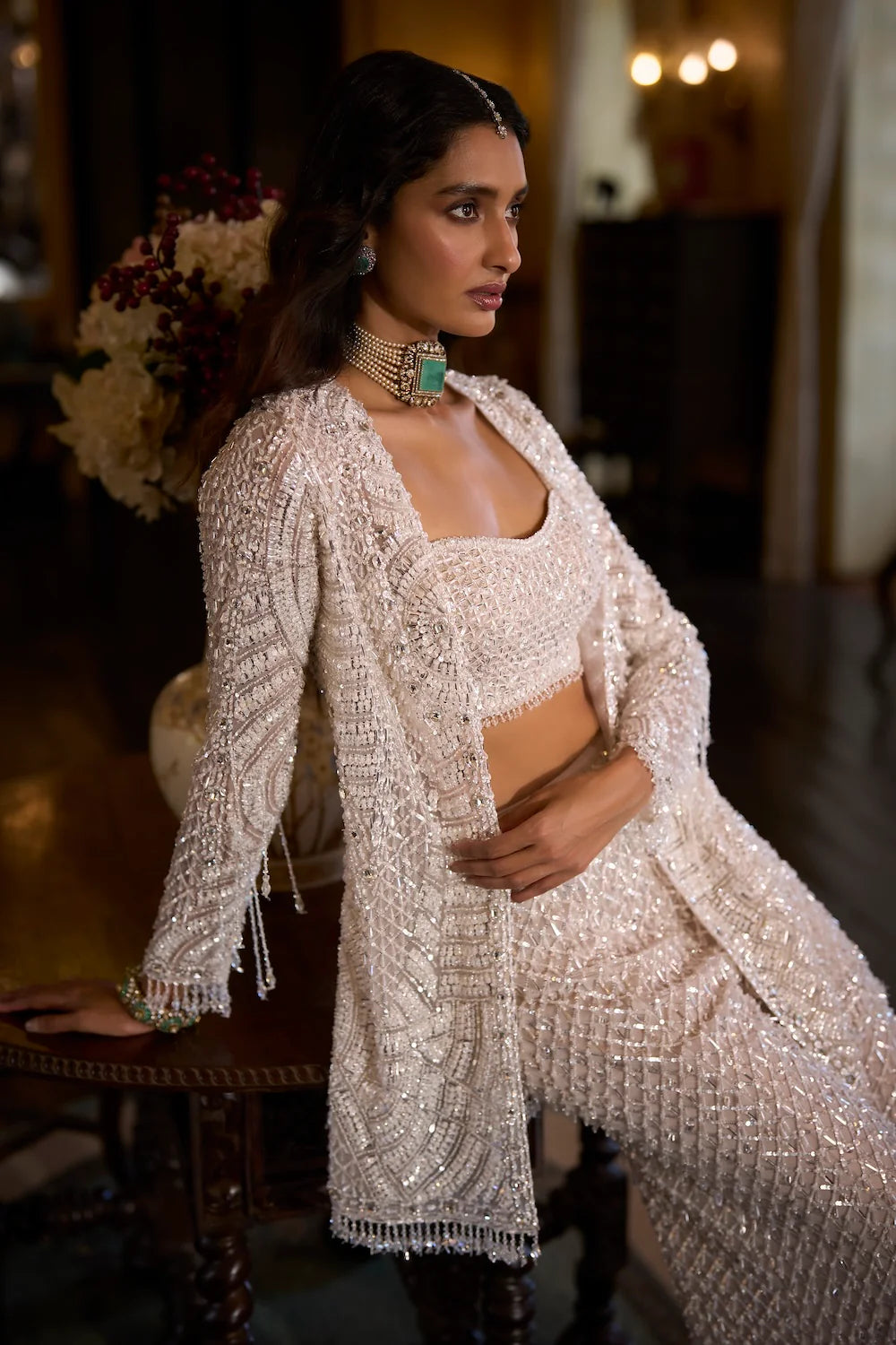 Seema Gujral - White Sequin Open Jacket - Sharara Pant Set
