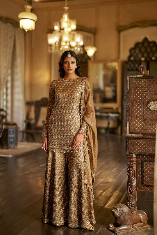 Seema Gujral - Antique Gold Sequin Sharara Set