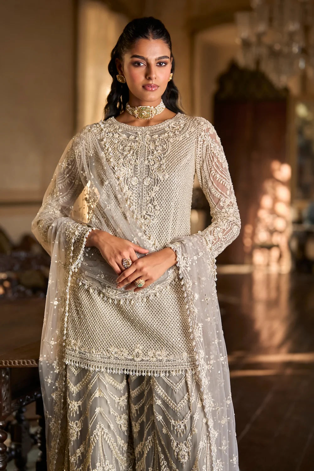 Seema Gujral - Grey Thread Work Sharara Set