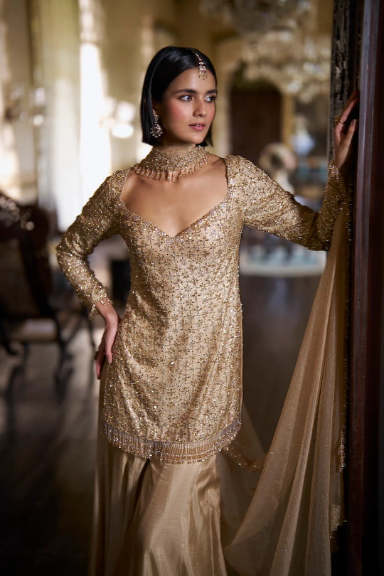 Seema Gujral - Gold Crystal Sharara Set