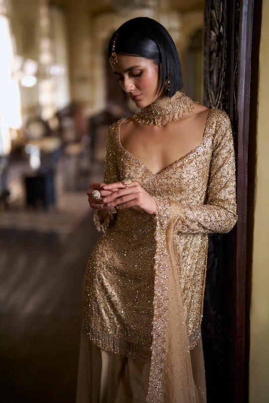 Seema Gujral - Gold Crystal Sharara Set