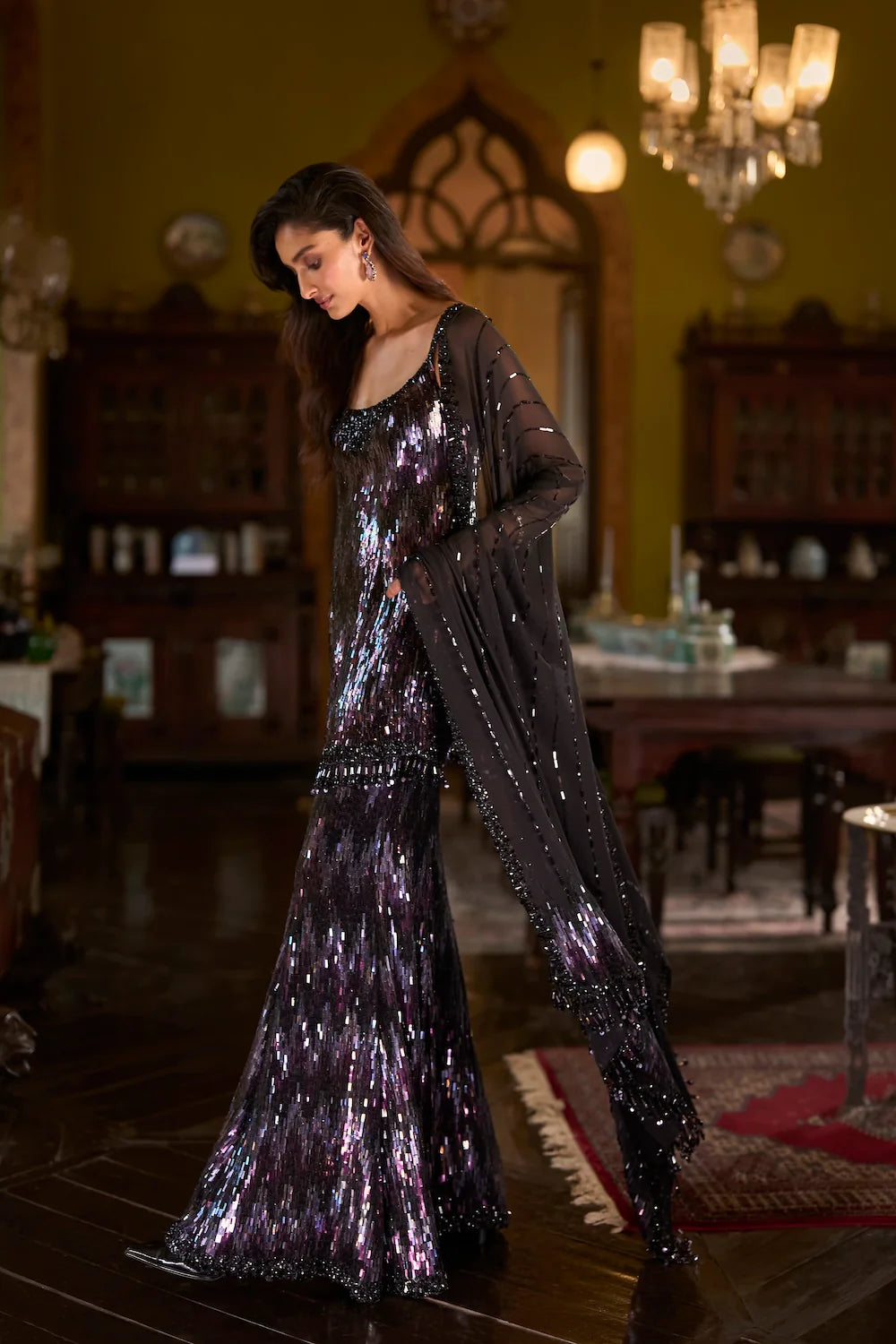 Seema Gujral - Black Multi-Coloured Sequin Sharara Set