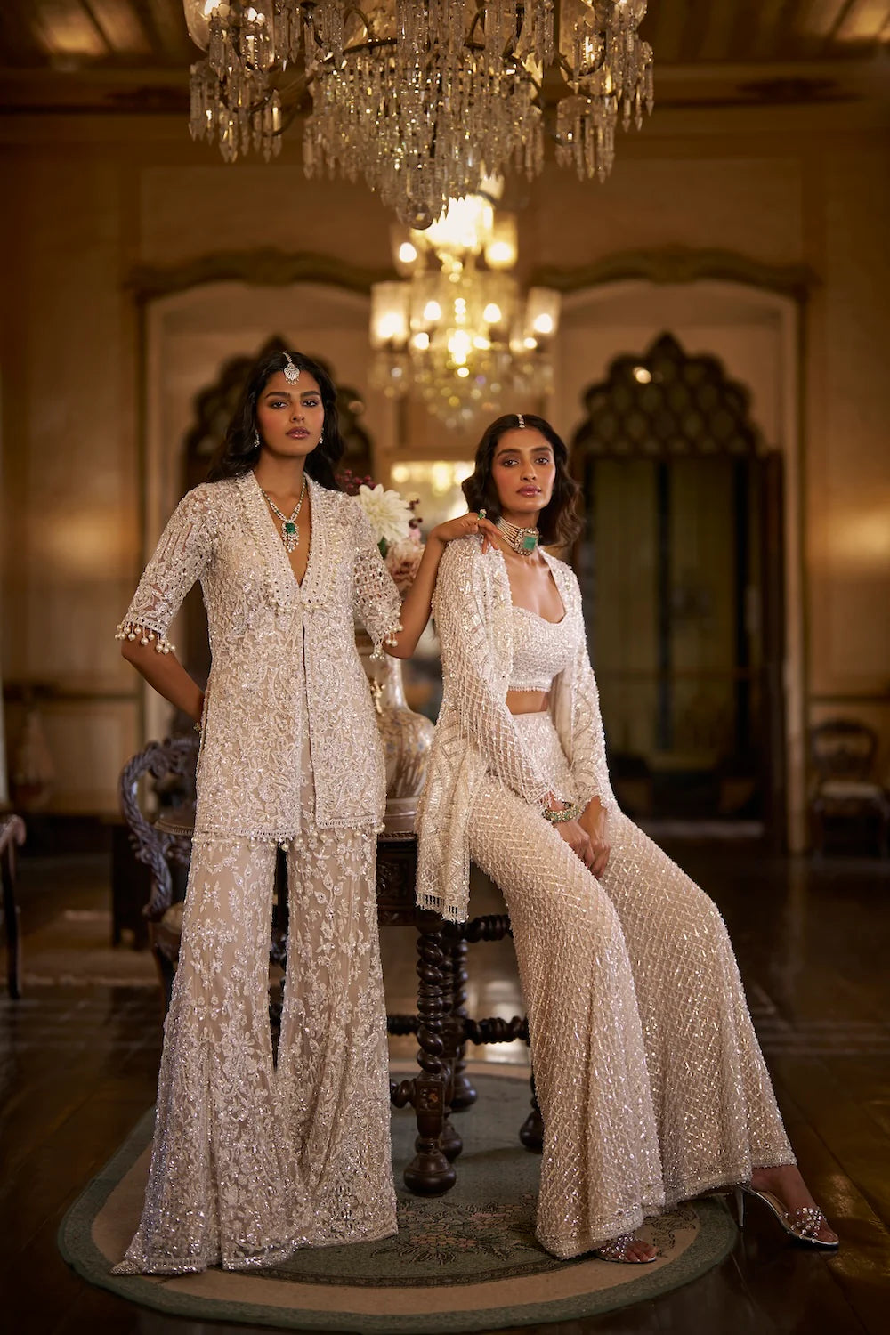 Seema Gujral - White Sequin Open Jacket - Sharara Pant Set