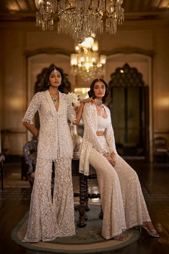Seema Gujral - White Sequin Open Jacket - Sharara Pant Set