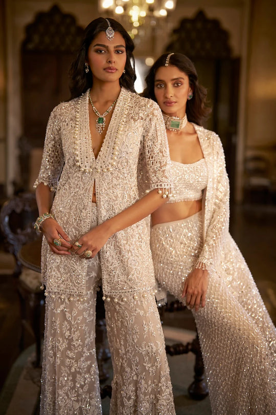 Seema Gujral - White Sequin Open Jacket - Sharara Pant Set