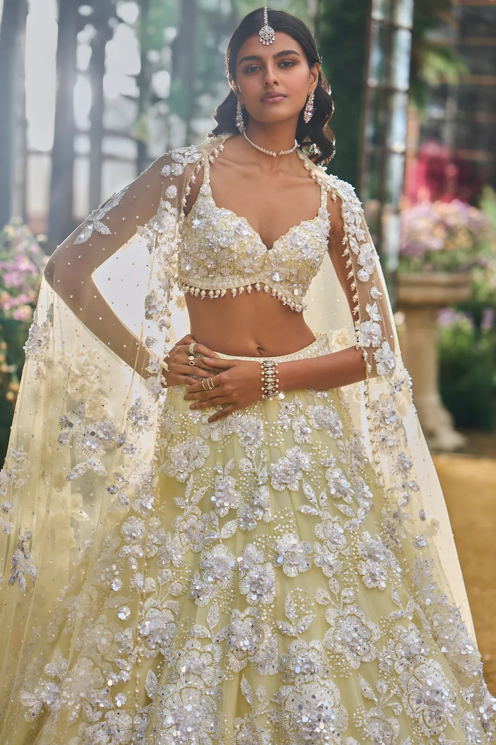 Seema Gujral - Lime Yellow Floral Lehenga Set