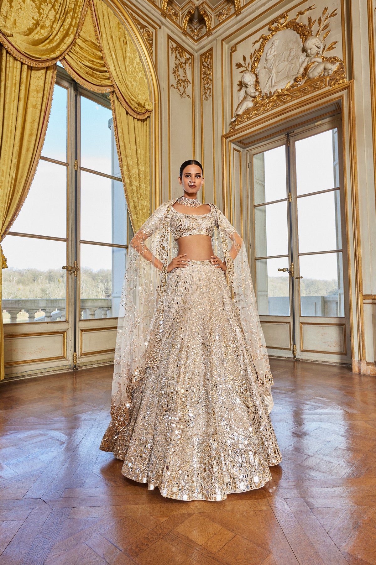 Seema Gujral - Rose Gold Mirror Work Lehenga Set