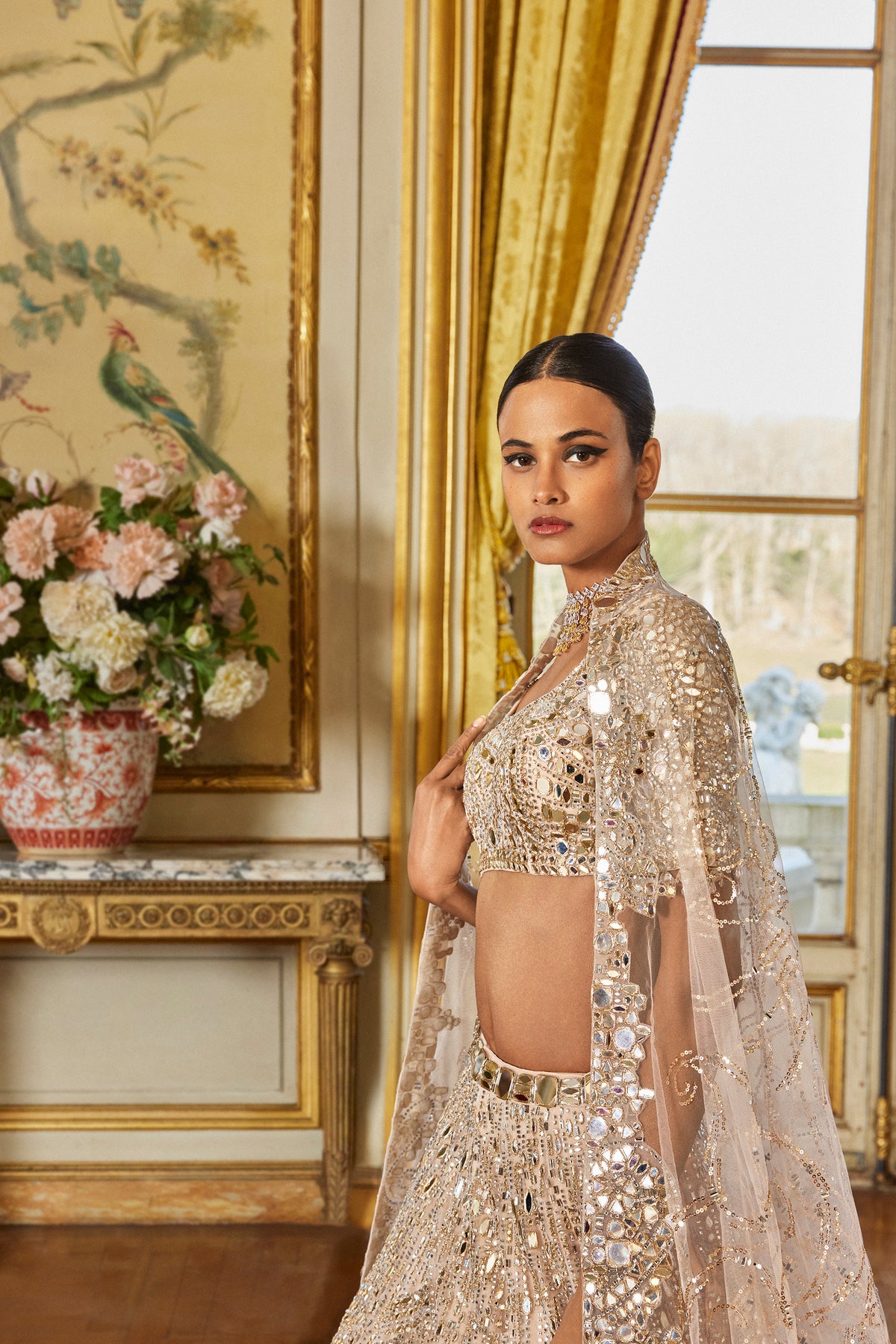 Seema Gujral - Rose Gold Mirror Work Lehenga Set