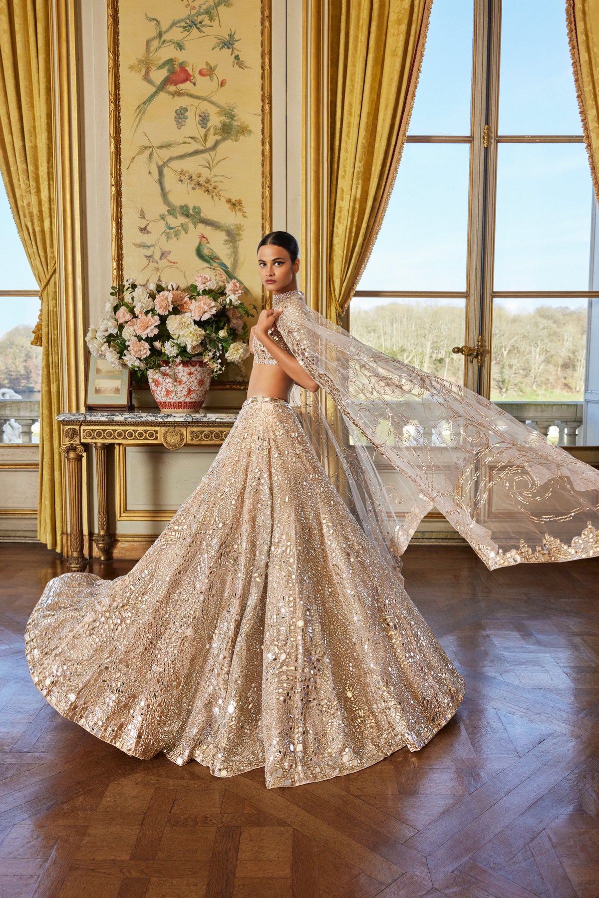Seema Gujral - Rose Gold Mirror Work Lehenga Set