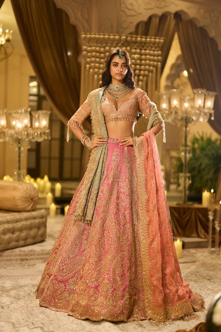 Seema Gujral - Pink Tissue Lehenga Set