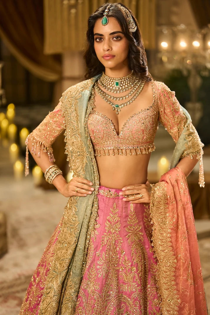 Seema Gujral - Pink Tissue Lehenga Set