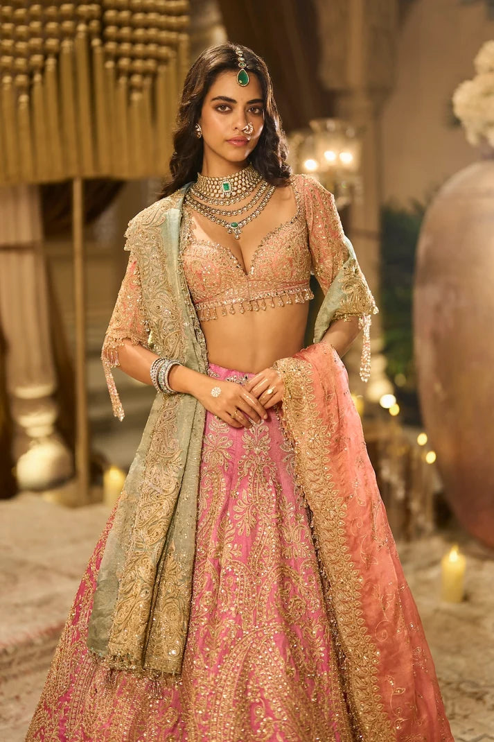 Seema Gujral - Pink Tissue Lehenga Set