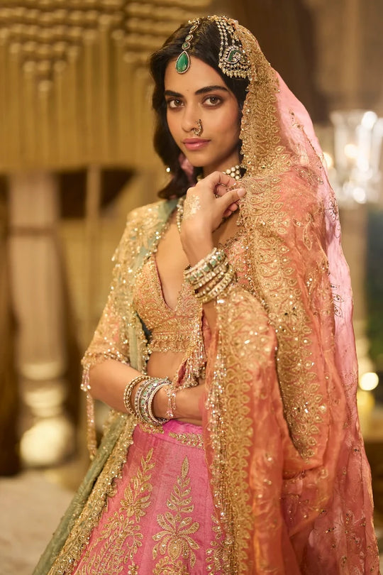 Seema Gujral - Pink Tissue Lehenga Set