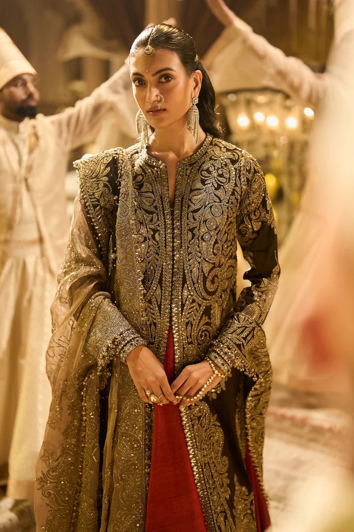 Seema Gujral - Black &amp; Maroon Lehenga Jacket Set