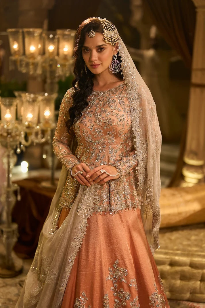 Seema Gujral - Peach Peplum Tissue Lehenga Set