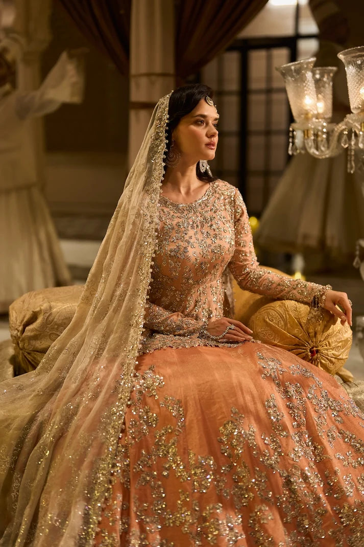 Seema Gujral - Peach Peplum Tissue Lehenga Set