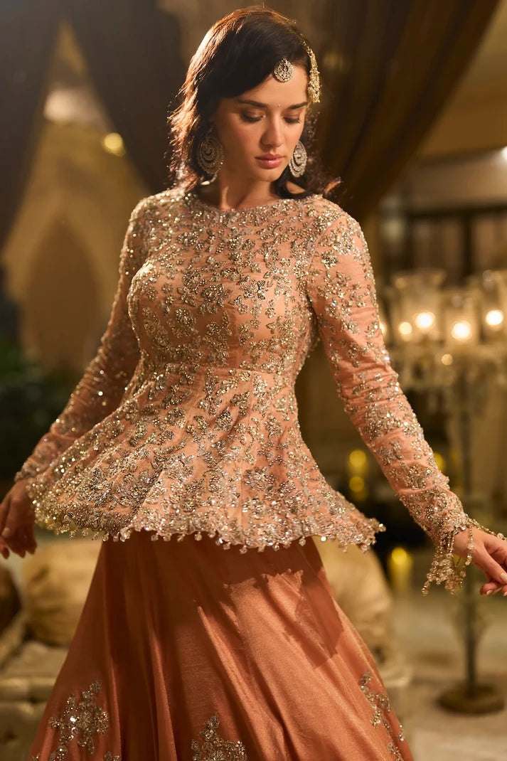 Seema Gujral - Peach Peplum Tissue Lehenga Set