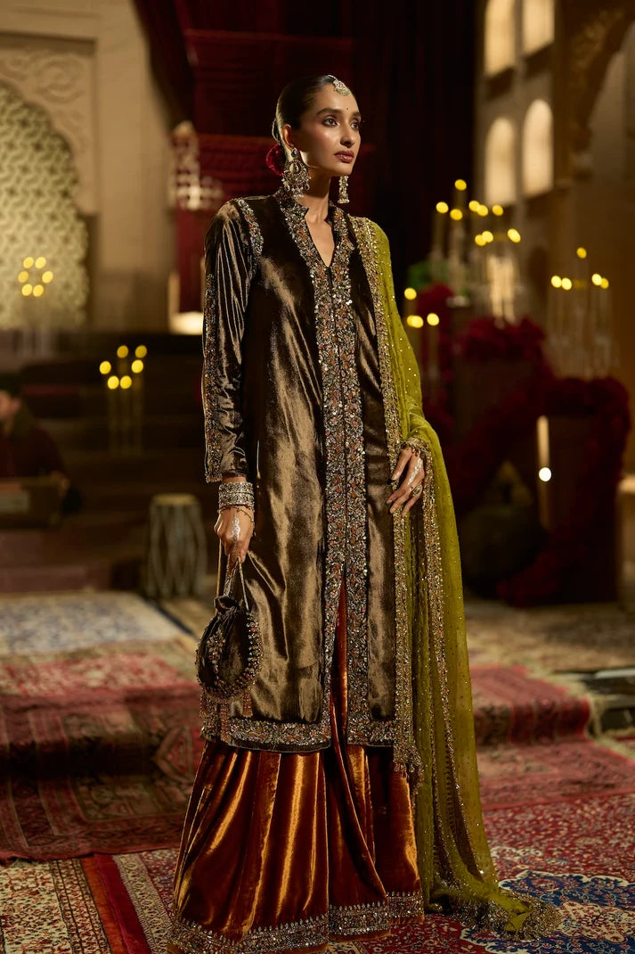 Seema Gujral - Chocolate brown Velvet Jacket Sharara Set