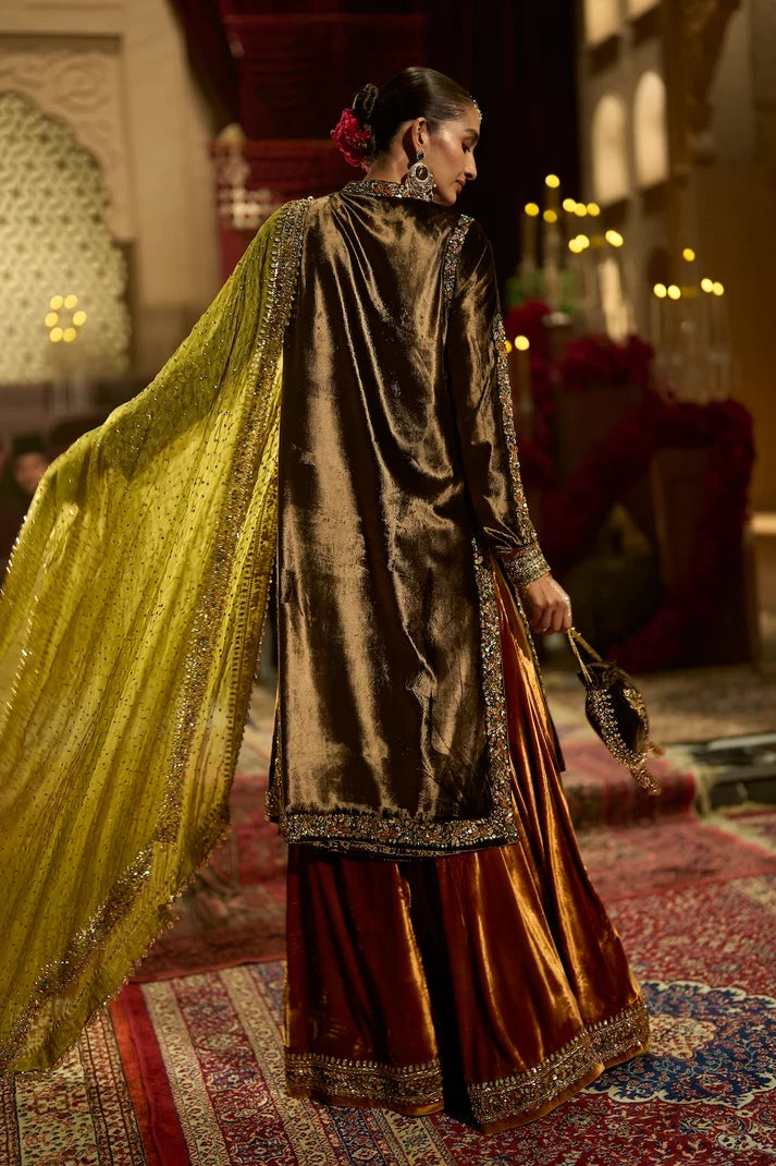Seema Gujral - Chocolate brown Velvet Jacket Sharara Set