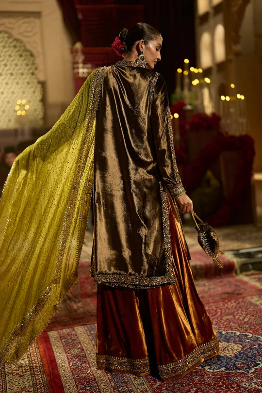 Seema Gujral - Chocolate brown Velvet Jacket Sharara Set