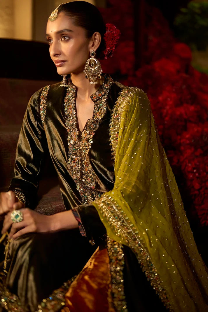 Seema Gujral - Chocolate brown Velvet Jacket Sharara Set