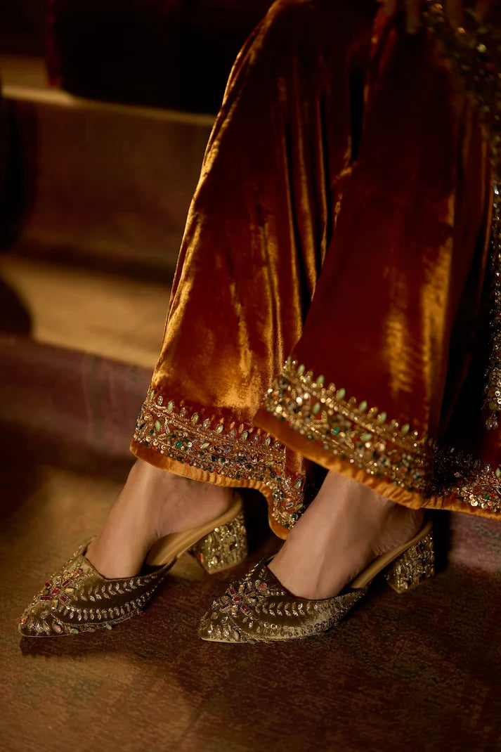 Seema Gujral - Chocolate brown Velvet Jacket Sharara Set