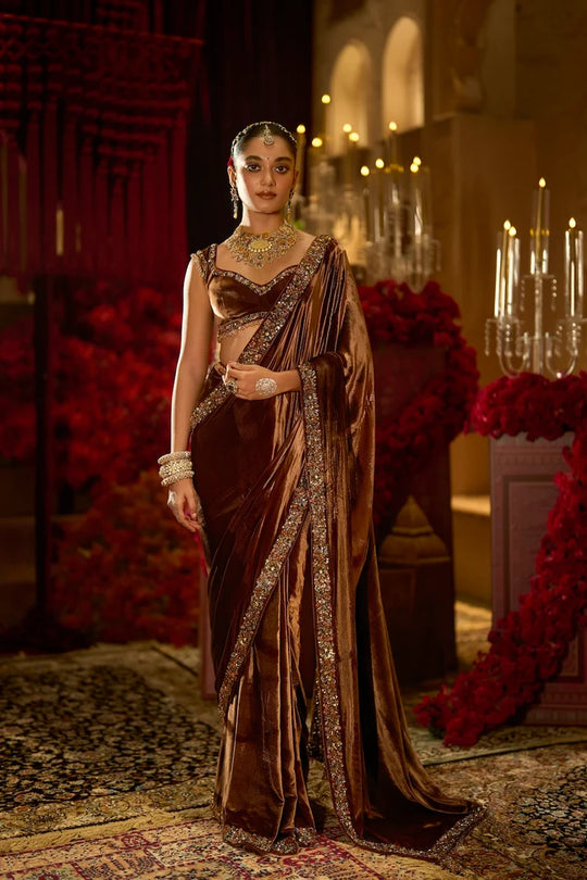 Seema Gujral - Coffee Brown Pre-Stitched Velvet Saree