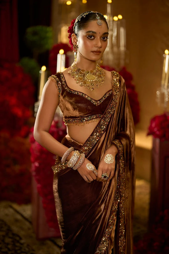 Seema Gujral - Coffee Brown Pre-Stitched Velvet Saree