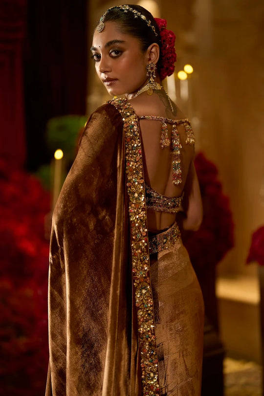 Seema Gujral - Coffee Brown Pre-Stitched Velvet Saree