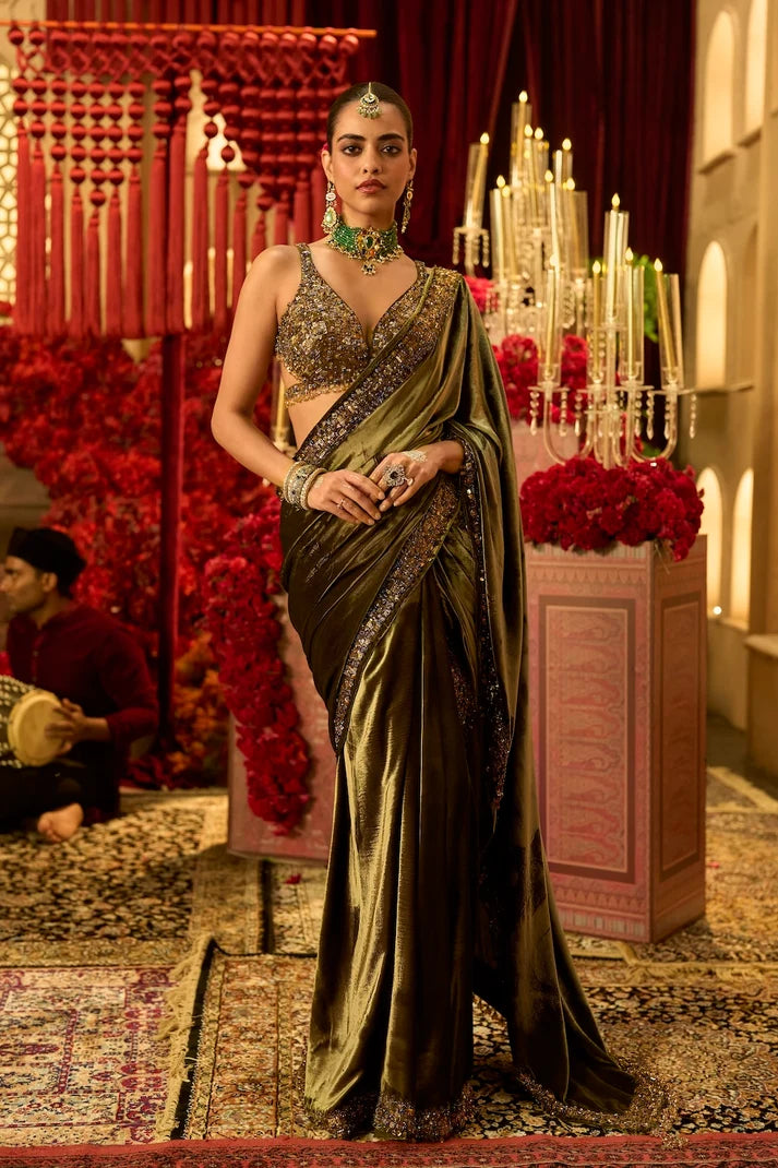 Seema Gujral - Olive Green Pre-Stitched Velvet Saree