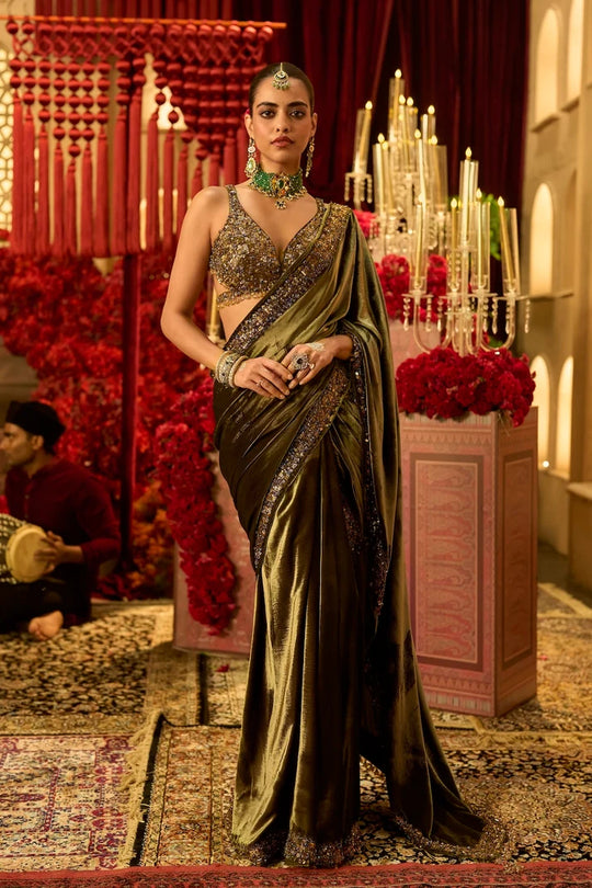 Seema Gujral - Olive Green Pre-Stitched Velvet Saree