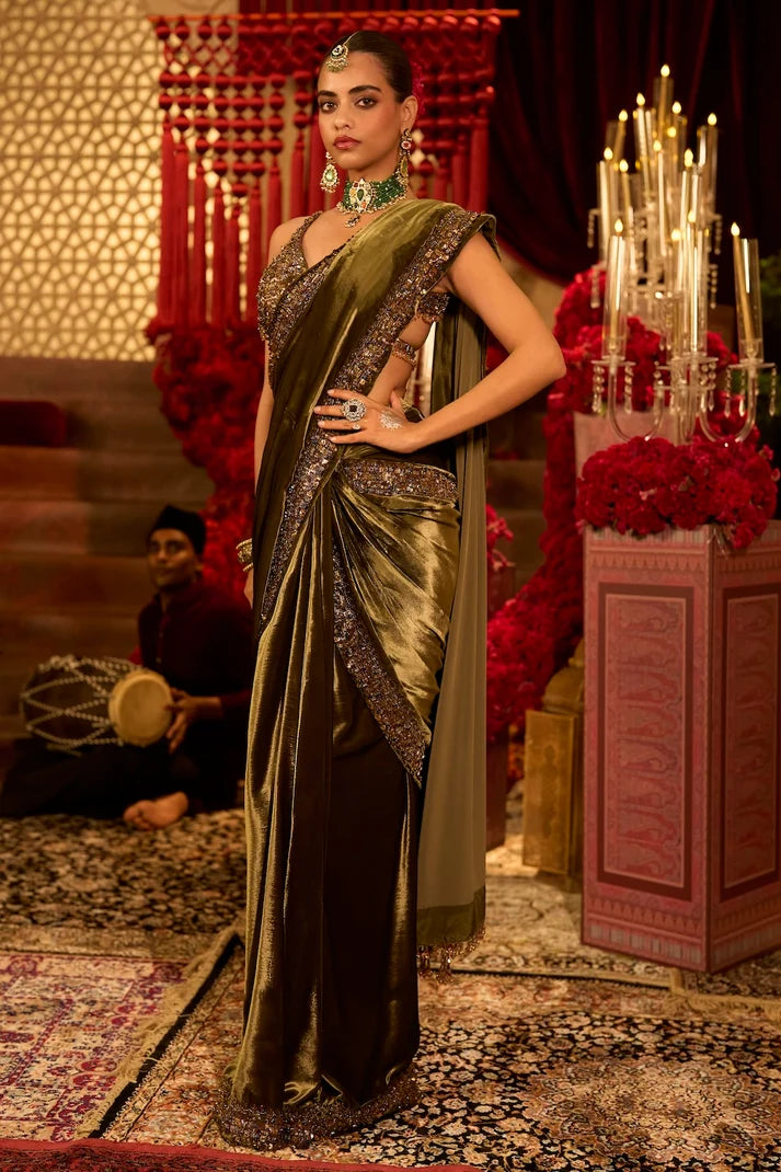 Seema Gujral - Olive Green Pre-Stitched Velvet Saree